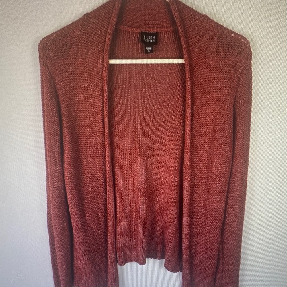 Eileen Fisher Open-Front Rust-Red Knit Cardigan